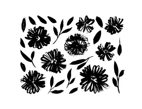 Hand drawn black brush spring flowers vector set Stock Illustration