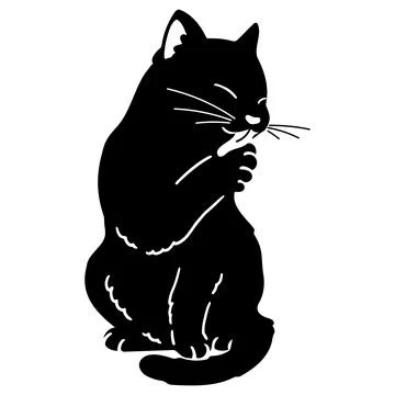 Hand drawn black cat sitting and grooming illustration in silhouette Stock Illustration