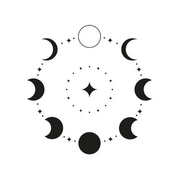 Hand drawn black celestial moon phases in circle. Stock Illustration