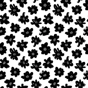 Hand drawn black flowers vector seamless pattern. Stock Illustration