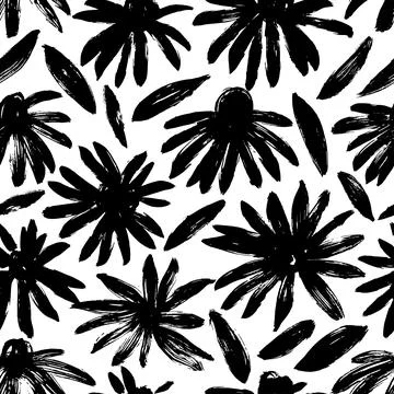 Hand drawn black flowers vector seamless pattern. Stock Illustration