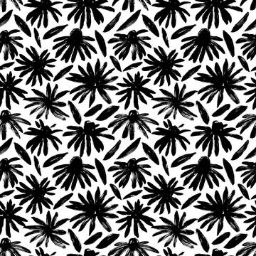 Hand drawn black flowers vector seamless pattern. Stock Illustration