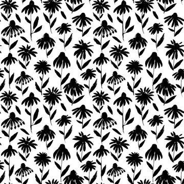 Hand drawn black flowers vector seamless pattern. Illustrazione stock