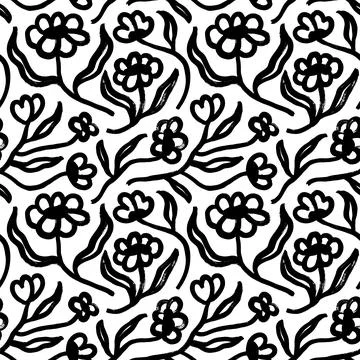 Hand drawn black flowers vector seamless pattern Stock Illustration