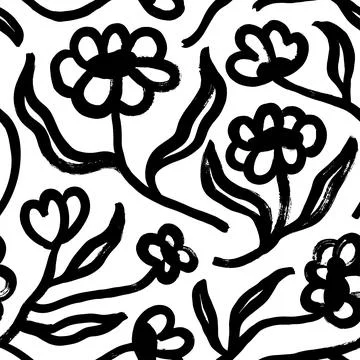 Hand drawn black flowers vector seamless pattern Stock Illustration