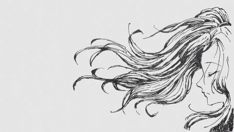 Hand-drawn black ink line art of sad girl with blowing messy hair loop. Stock Footage 346152463