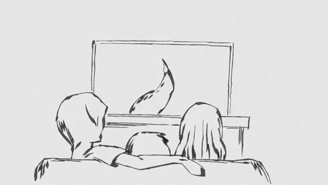 Hand-drawn black ink line art of couple watching television with moving. Stock Footage 346153077