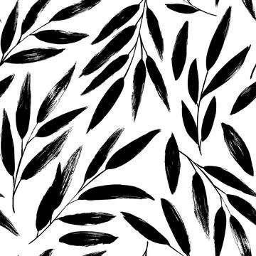 Hand drawn black leaves vector seamless pattern. Stock Illustration