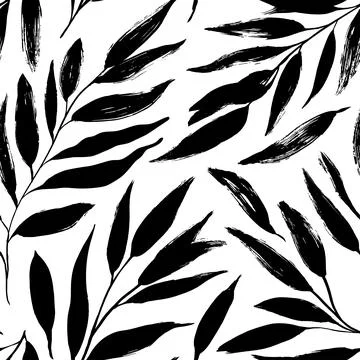 Hand drawn black leaves vector seamless pattern. Stock Illustration