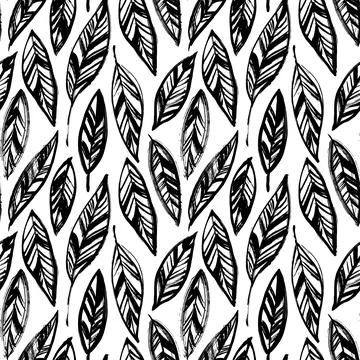 Hand drawn black leaves vector seamless pattern. Stock Illustration