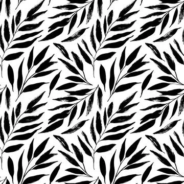 Hand drawn black leaves vector seamless pattern. Stock Illustration
