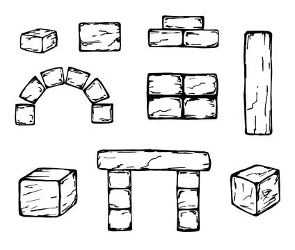 Hand drawn black line vector set of building stone elements. Stock Illustration