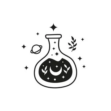 Hand drawn black magic potion in glass. Illustrazione stock