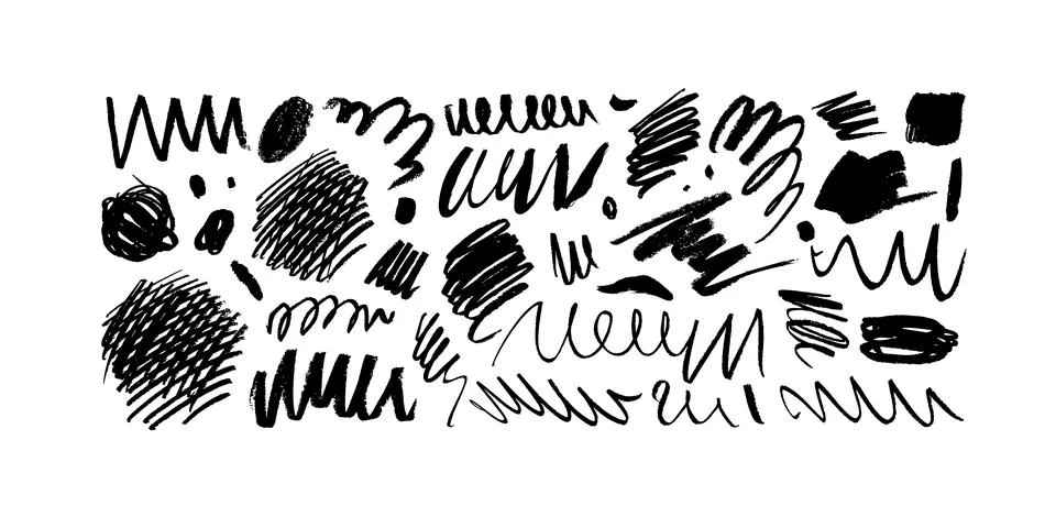 Hand drawn black paint scribble line vector set. Ilustración de archivo