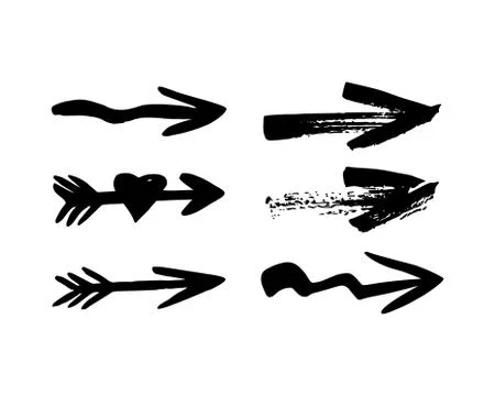 Hand drawn black six different arrows on white. Vector illustration. Stock Illustration
