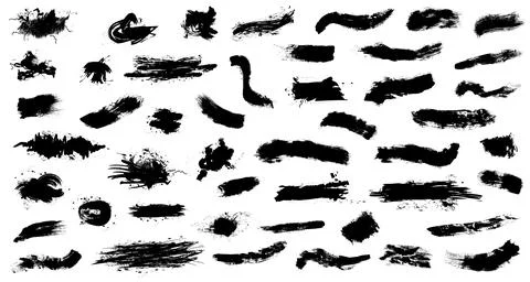 Hand drawn black vector brushes pack isolated on white. Detailed paint splashes. Stock Illustration