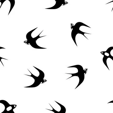 Hand-drawn black vector seamless pattern illustration of group of swallows or Stock Illustration