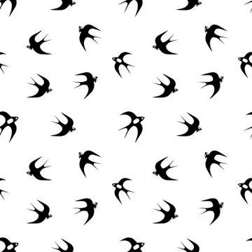 Hand-drawn black vector seamless pattern illustration of group of swallows or Stock Illustration