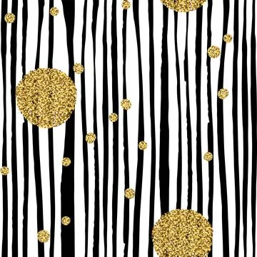 Hand drawn black vertical stripes seamless pattern with golden dots. Vector s イラスト素材