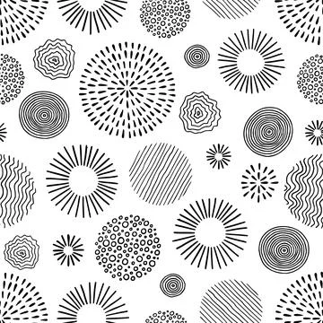 Hand drawn black, white circle seamless pattern. Doodle style abstracrt textured Illustrazione stock