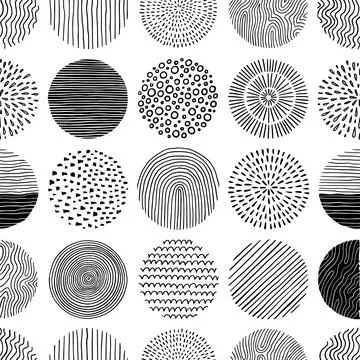 Hand drawn black, white circle seamless pattern. Doodle style abstracrt textured Stock Illustration