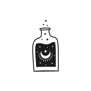 Hand drawn black witch potion in glass. Illustrazione stock