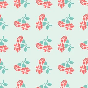 Hand drawn bloom blue branches with red flowers, floral seamless pattern abst Stock Illustration