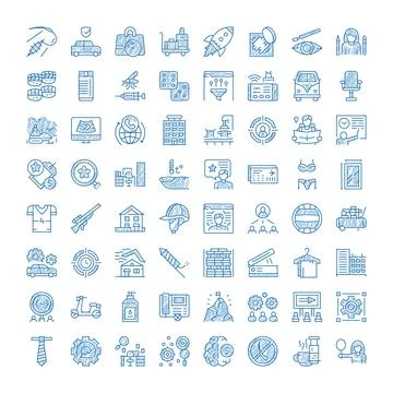 Hand drawn blue doodle icon collection illustrating various concepts Ilustración de archivo