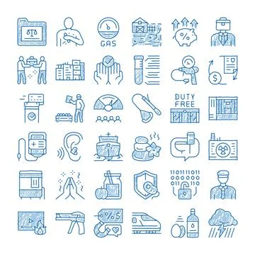 Hand drawn blue doodle icons collection illustrating various industries Ilustración de archivo