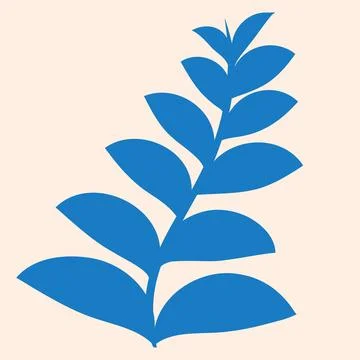 Hand drawn blue leaf branch silhouette on beige background Stock Illustration