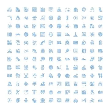 Hand drawn blue line icon set collage Stock Illustration