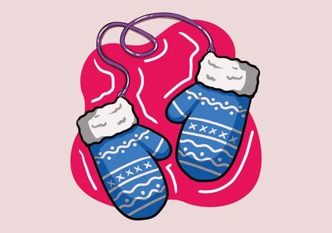 Hand drawn blue pair of woolen knitted mittens with zigzag pattern. Illustrazione stock