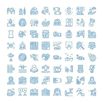 Hand drawn blue pen global social issues icons Stock Illustration