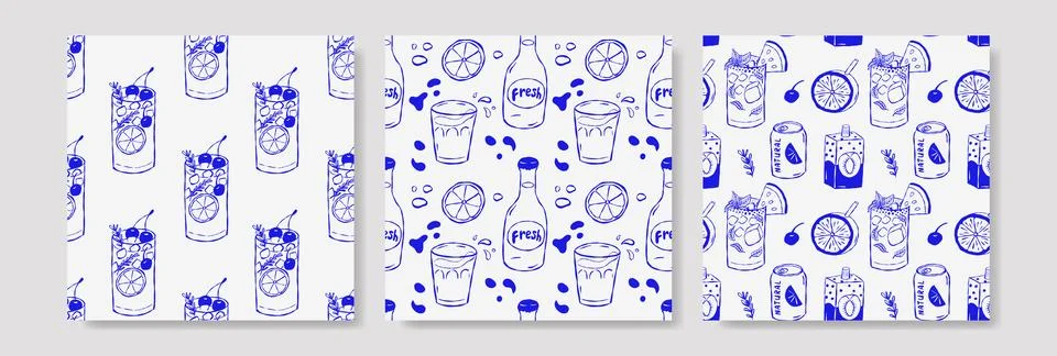 Hand drawn blue seamless pattern with drink on white Illustrazione stock