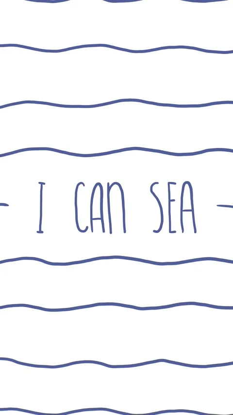 Hand drawn blue wave stripes, hand written text "I can sea" on white Stock Footage 309118007