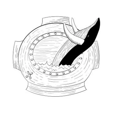 Hand drawn blue whale vector round illustration. Whale in the bathyscaphe design Stock Illustration
