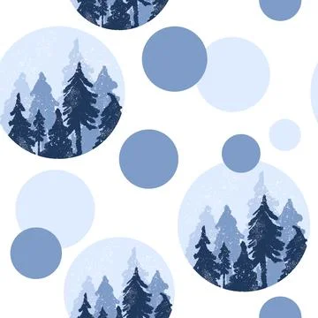 Hand drawn blue winter mountain forest seamless pattern in circles. Wood Stock Illustration