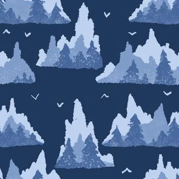 Hand drawn blue winter mountain forest seamless pattern. Wood woodland landscape Stock Illustration