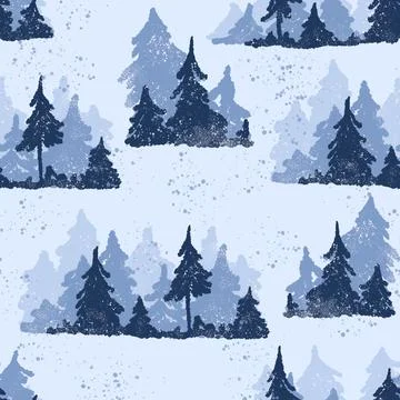Hand drawn blue winter mountain forest seamless pattern. Wood woodland landscape Stock Illustration
