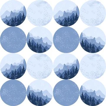 Hand drawn blue winter mountain forest seamless pattern in circles. Wood Stock Illustration