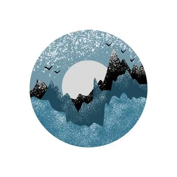 Hand drawn blue winter mountain forest illustration in circles. Wood woodland Stock Illustration