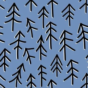 Hand drawn blue winter pine tree conifer forest seamless pattern. Wood woodland イラスト素材
