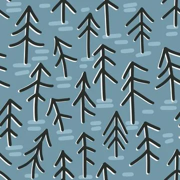 Hand drawn blue winter pine tree conifer forest seamless pattern. Wood woodland Illustrazione stock