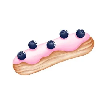 Hand drawn blueberry  eclair clipart. Watercolor dessert illustration isolated o Illustrazione stock