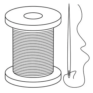 Hand drawn bobbin with threads and a needle with a threaded thread. Stock Illustration