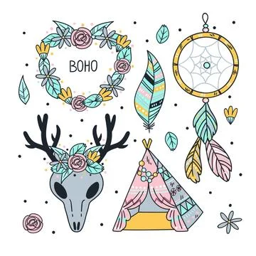 Hand drawn boho elements collection Stock Illustration