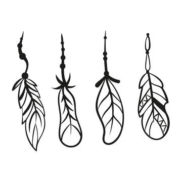 Hand drawn boho feathers set. Stylized vector feathers in black and white style. Stock Illustration