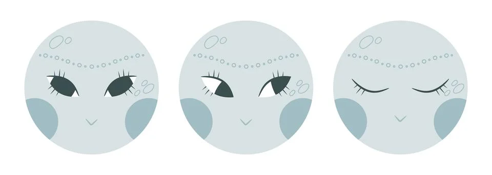 Hand drawn boho moon characters with human face. Cartoon moon set Stock Illustration
