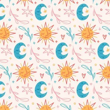 Hand drawn boho pattern with sun and moon Stock Illustration