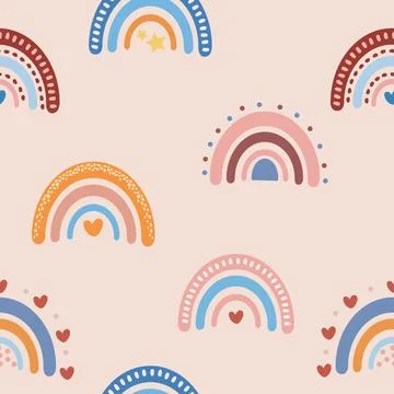 Hand drawn boho seamless pattern with cartoon rainbows, stars, hearts Stock Illustration
